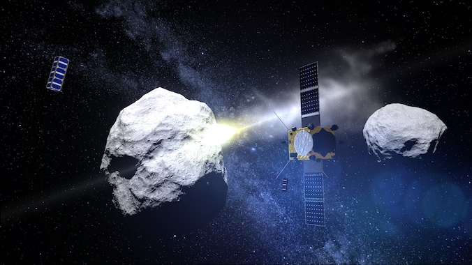 Ruimtesonde AIM registreert de impact van DART op Didymoon in deze illustratie van ESA.