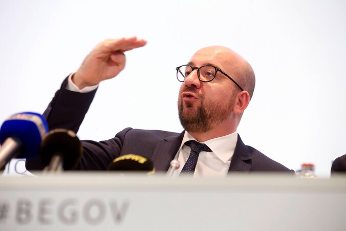 Premier Charles Michel bij de voorstelling van de taxshift- en begrotingsmaatregelen.