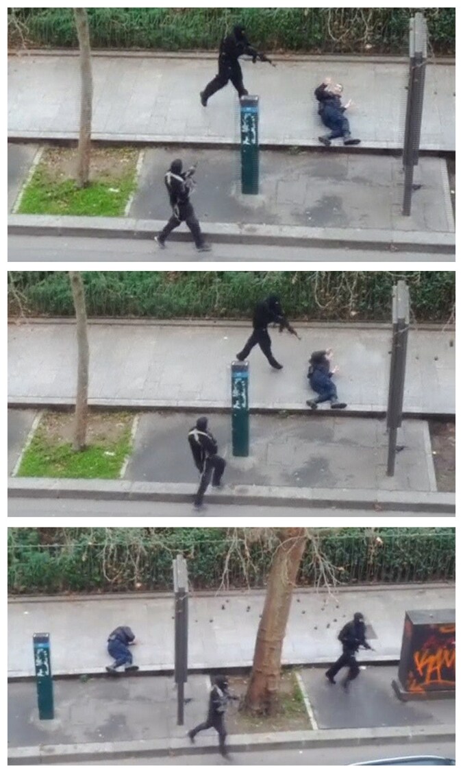 Een medewerker van Charlie Hebdo vluchtte naar het dak en filmde daar hoe de daders een agent executeerden.
