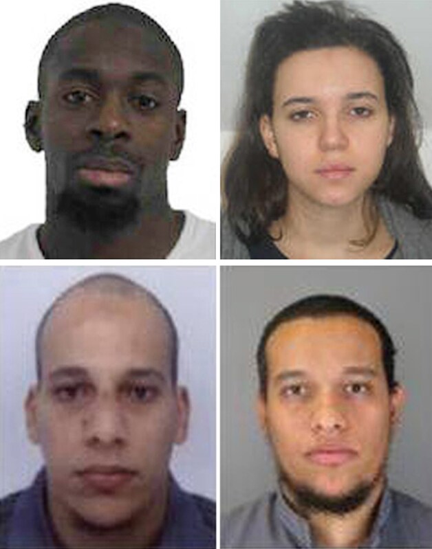 Boven: Amedy Coulibaly en Hayat Boumeddiene. Onder: Cherif Kouachi en Said Kouachi.