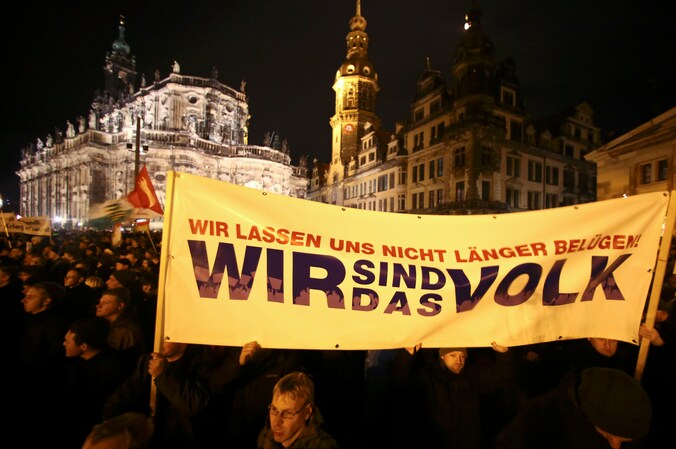Demonstranten van Pegida in Dresden.