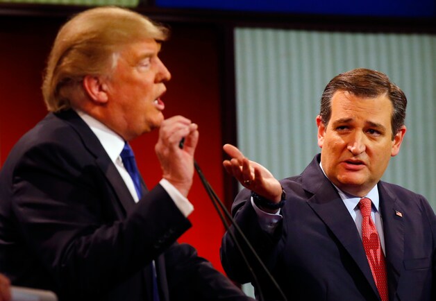 Donald Trump en Ted Cruz tijdens een debat op 3 maart.