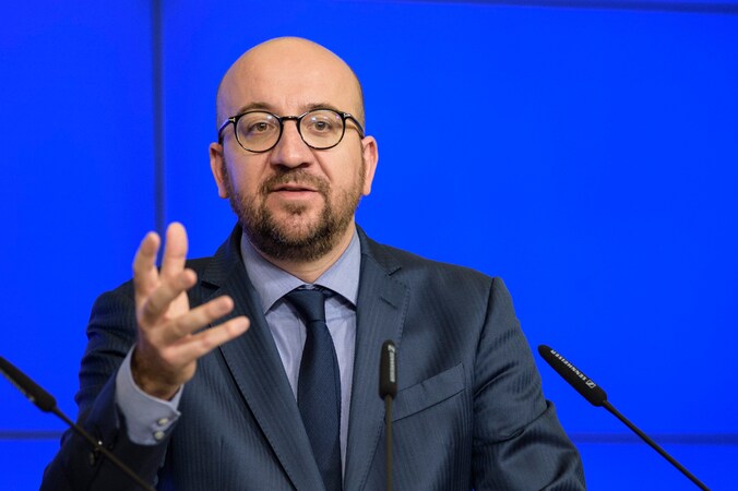 Premier Charles Michel, gisteren tijdens de persconferentie.