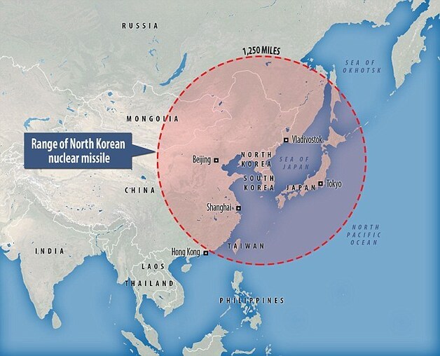 Het bereik van de Noord-Koreaanse raketten.