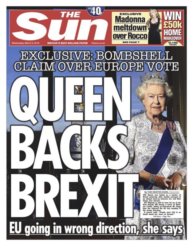 Hoewel The Sun met een spectaculaire voorpagina beweerde dat de monarch pro Brexit zou zijn, werd deze claim ontkend door het paleis en politici.