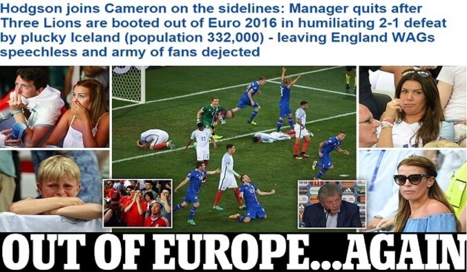 Daily met zet Hodgson naast premier Cameron aan de zijlijn. "Opnieuw uit Europa...", zo klinkt het veelzeggend.