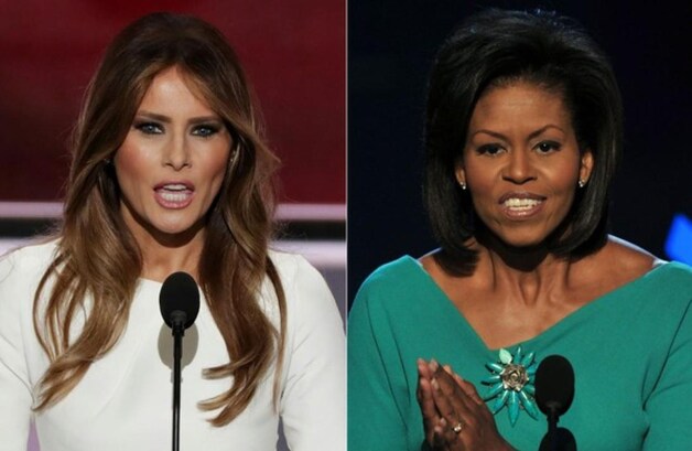 Melania Trump gisteravond op de Republikeinse Conventie. Rechts: Michelle Obama sprak haast dezelfde woorden uit in 2008, op de toenmalige Democratische Conventie.
