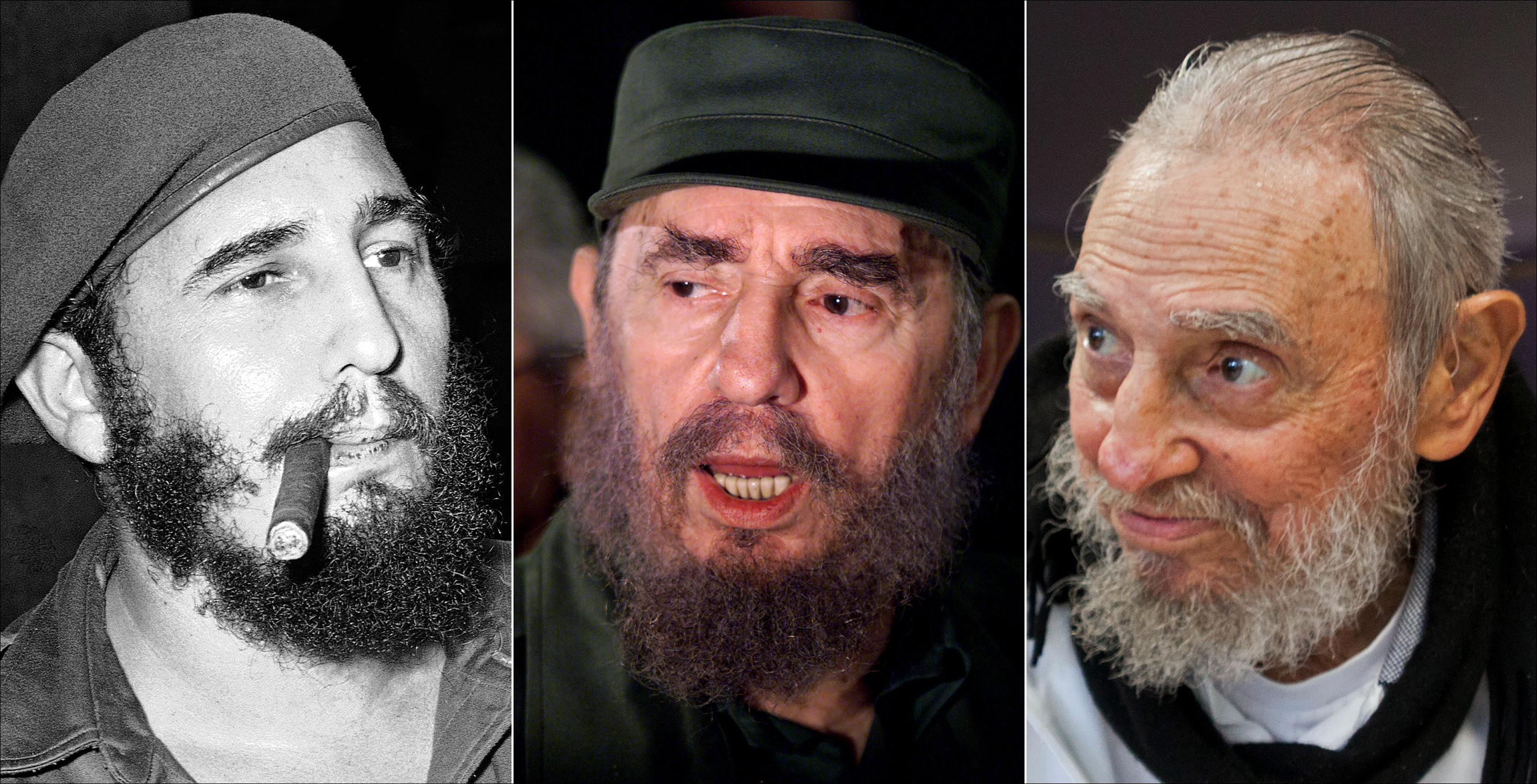 Fidel Castro. Links: 1961. Midden: 2000. Rechts: 2016
