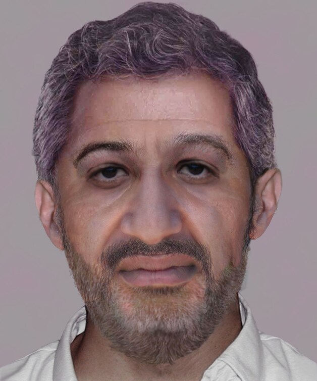 De verouderingsfoto van Osama bin Laden zoals de FBI die verspreidde.