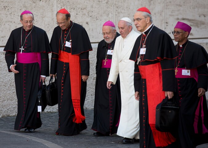 Paus Franciscus (in het wit) met enkele bisschoppen en kardinaals.