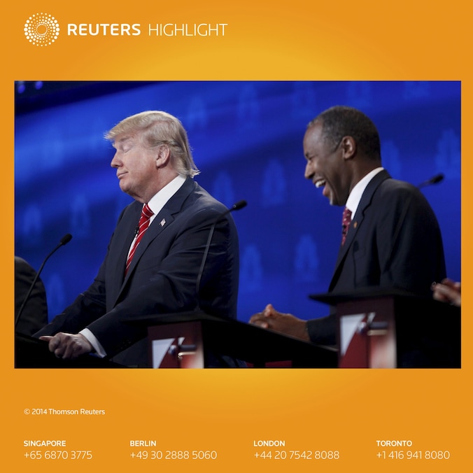 Donald Trump en Ben Carson op een debat in Boulder (Colorado). Archieffoto 28 oktober 2015.