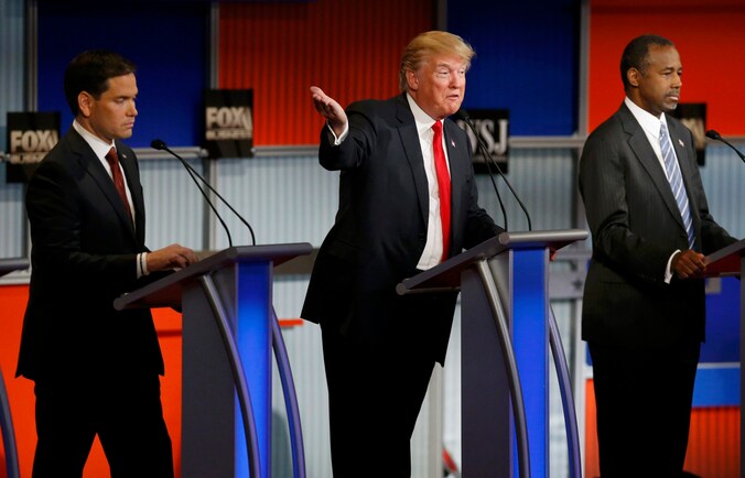 Marco Rubio, Donald Trump en Ben Carson op het debat.