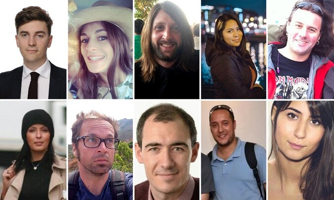 Enkele van de dodelijke slachtoffers van de aanslagen in Parijs. Bovenaan vlnr., gevolgd door onderaan vlnr.: Valentin Ribet, Caroline Prénat, Nick Alexander, Nohemi Gonzalez, Guillaume B. Decherf, Djamila Houd, Mathieu Hoche, Alberto González Garrido, Kheireddine Sahbi, Elif Dogan.