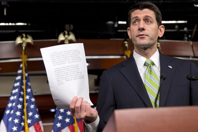 De voorzitter van het Huis, de republikein Paul Ryan, eerder vanavond.
