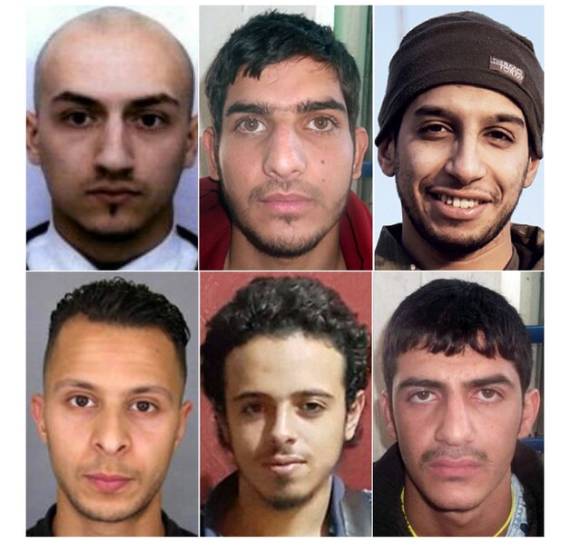 Abdelhamid Abaaoud (rechsboven) en Salah Abdeslam (linksonder). De overige verdachten kwamen niet uit Molenbeek en stonden niet op de lijst.