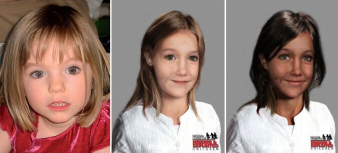 Links Maddie kort voor haar verdwijning, daarnaast hoe ze er inmiddels zou uitzien.