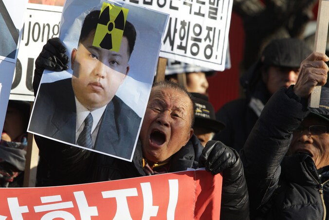 Zuid-Koreanen protesteren in Seoel tegen de nucleaire ambities van Kim Jong-Un.