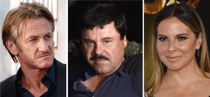 Sean Penn (links), Joaquin 'El Chapo' Guzman en de Mexicaanse actrice Kate del Castillo.