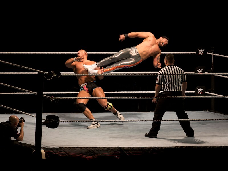 Een van de gevaarlijke strapatsen in een WWE-show. "Het is show, maar het kan ook wreed pijn doen."