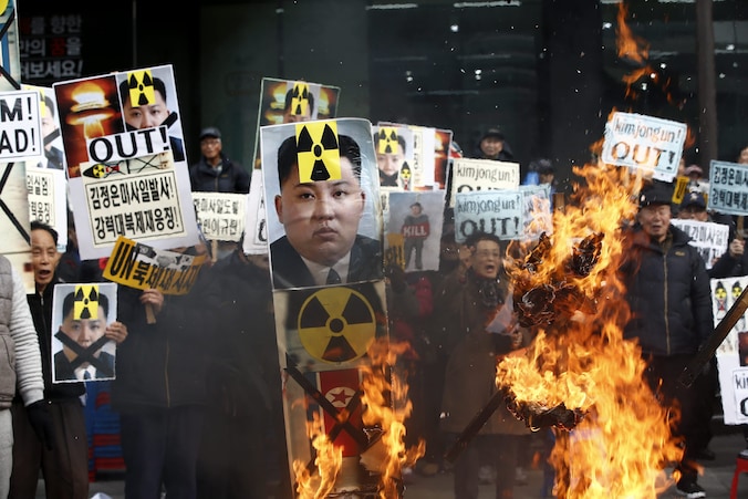 Protest in de Zuid-Koreaanse hoofdstad Seoel tegen de Noord-Koreaanse raketlancering.