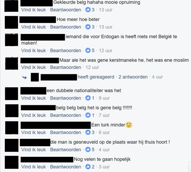 Geanonimiseerde haatdragende en racistische reacties op de dood van Kerim A. op Facebook.