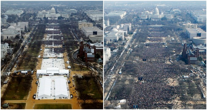 Links de foto van de National Mall bij de inauguratie van Donald Trump vorige week vrijdag, rechts bij de inauguratie van Barack Obama in 2009. Trumps woordvoerder hield vol dat er meer volk was bij de inauguratie van Trump.