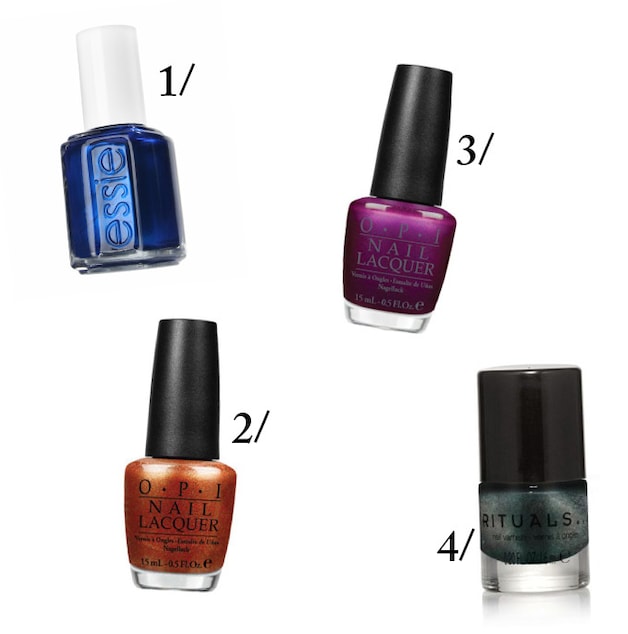 1/ Royal Blue van Essie, € 11,85. 2/ A Woman's Prague Ative van OPI, € 14,95. 3/ Suzi & The 7 Düsseldorfs van OPI, € 14,95. 4/ Nagellak Rituals, € 5.