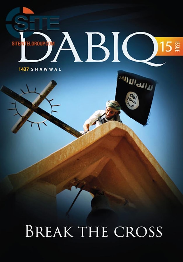 De cover van de vijftiende editie van het IS-propagandablad Dabiq.