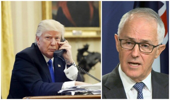 Donald Trump telefoneert vanuit het Witte Huis. Rechts: Australisch premier Malcolm Turnbull.
