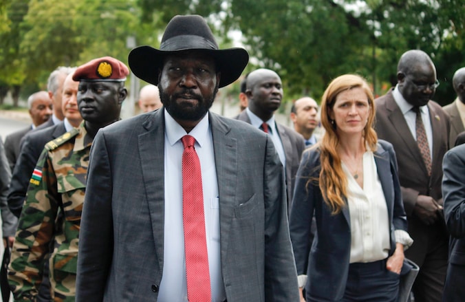 De Zuid-Soedanese president Salva Kiir met rechts VN-ambassadeur Samantha Power.