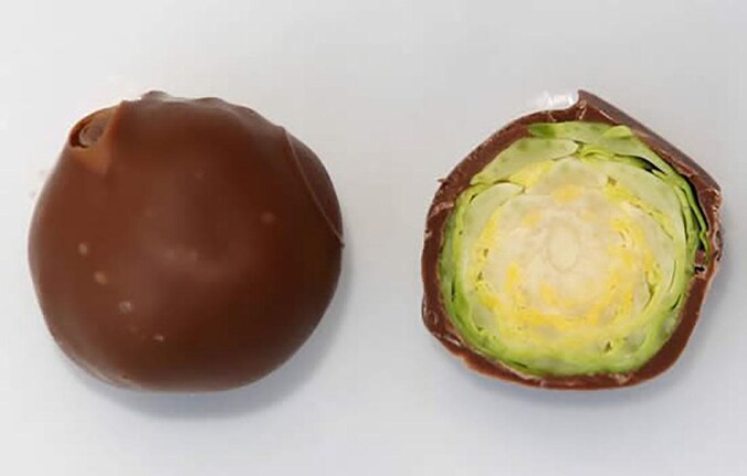 Van buiten lijkt het op lekkere chocolade, maar binnenin zit een spruitje.