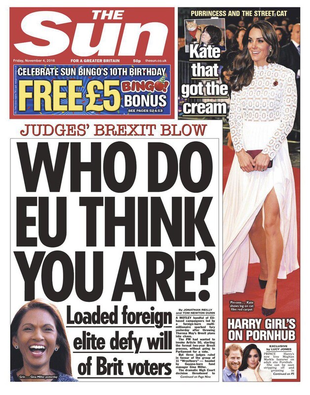 Voorpagina van the Sun 4 november 2016
