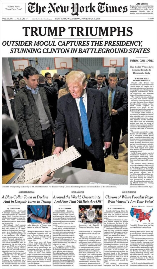 'Trump triomfeert': de voorpagina van The New York Times.