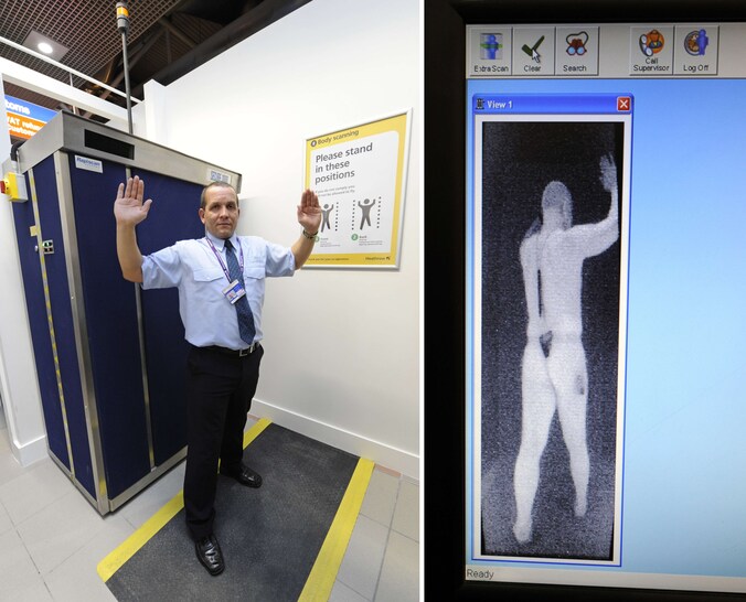 Een demonstratie van een bodyscan op een luchthaven.