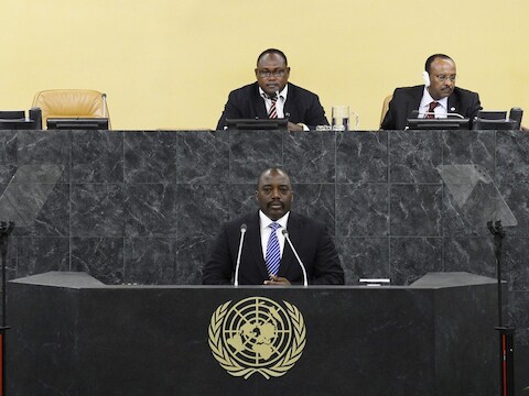 De Congolese president Joseph Kabila tijdens zijn speech op het VN-hoofdkwartier.