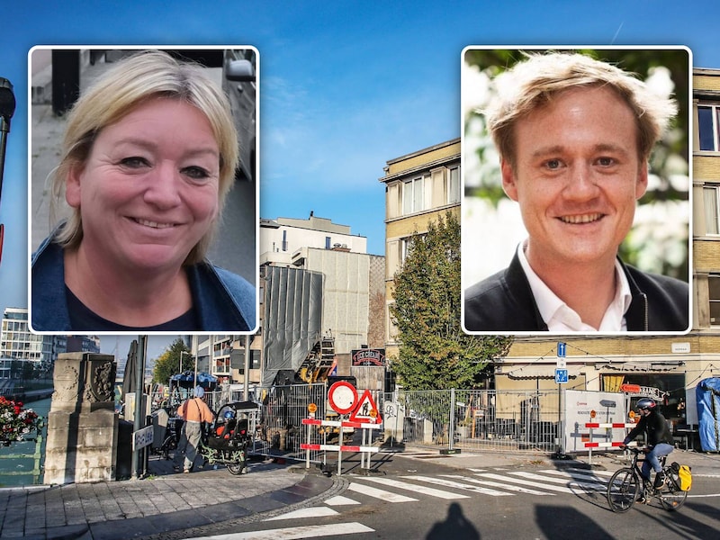 de voorbereidende nutswerken op de hoek van de Leiebrug en de Reepkaai / (inzet: archiefbeelden van schepenen Trui Steenhoudt en Maxim Veys)