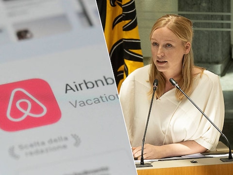 Links: Airbnb logo, rechts: minister van Toerisme en Wonen, Melissa Depraetere (Vooruit)