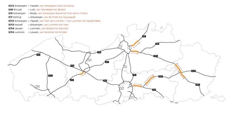 Map of the rush hour lanes in Flanders.
