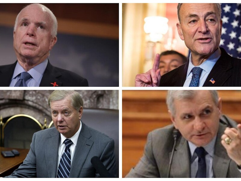 Republikeinen John McCain (links boven) en Lindsey Graham (links onder) en Democraten Charles Schumer (rechts boven) en Jack Reed (rechts onder)