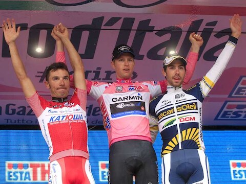 Het podium: Joaquin Rodriguez, Ryder Hesjedal en Thomas De Gendt.