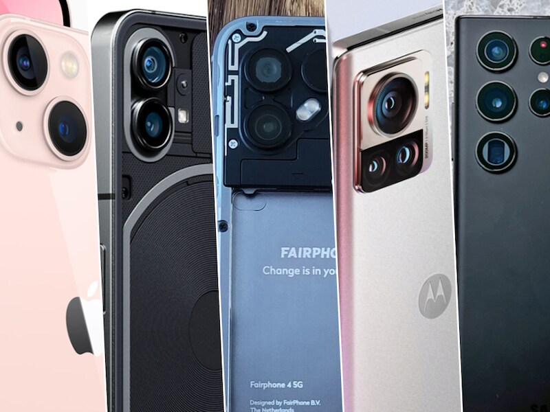 Fotomontage, van links naar rechts: de iPhone 13, de Nothing Phone (1), de Fairphone 4, de Motorola Edge 30 Ultra en de Samsung Galaxy S22 Ultra.