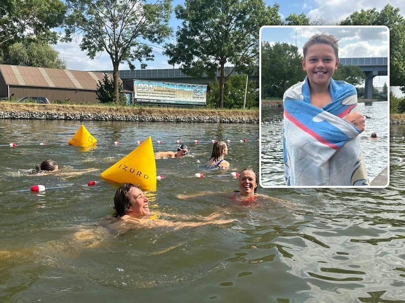Vriendinnen Els (links) en Babs zijn enthousiast over zwemmen in de Leuvense Vaart, net als Otte. Voor hem was het de eerste keer dat hij in open water zwom. “In het begin was het koud, maar eens je zwemt valt dat mee.”