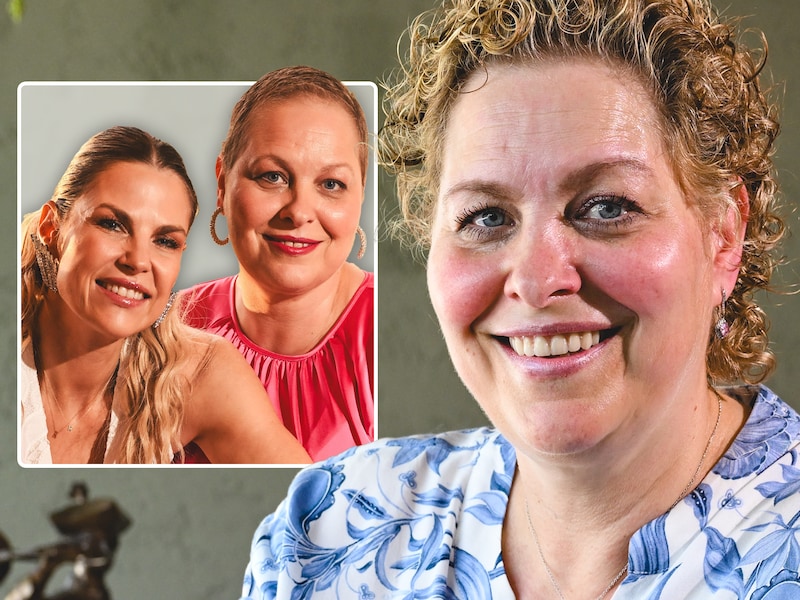 Mieke Dexters vandaag en in oktober met tweelingzus Tanja. “Ik moet nog wennen aan mijn nieuwe krullen maar ik ben blij dat ik mijn wimpers terug heb.”