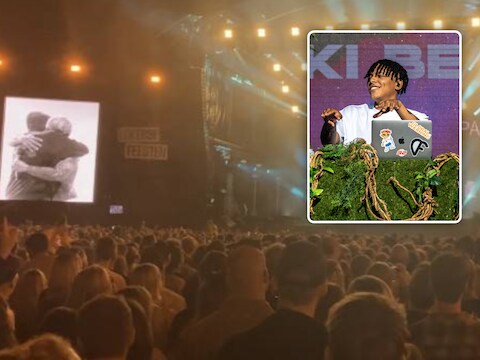 Een innige omhelzing tussen Zwangere Guy en Chuki Beats (inzet) op de Main Stage van de Lokerse Feesten.