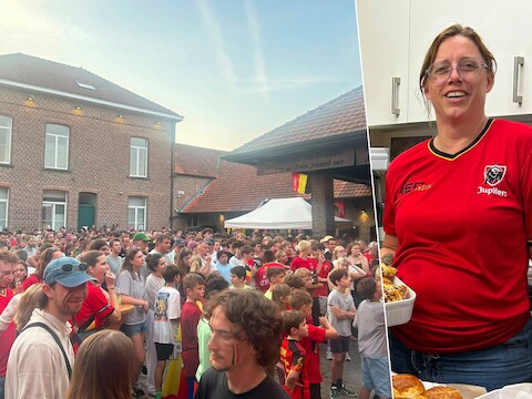 Stampvolle binnenkoer voor de WK-ochtendmatch in gemeenschapscentrum Hof ten Hemelrijk. Op foto: Venessa De Paduwa, uitbaatster van cafetaria Hof ten Hemelrijk in Opwijk