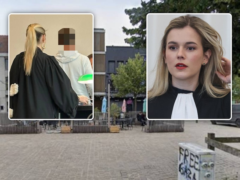 Groot beeld: de feiten gebeurden op de Oude Beestenmarkt in Gent. Inzetfoto links: de beklaagde in de rechtbank. Inzetfoto rechts: Laura Otte, advocate van de beklaagde.