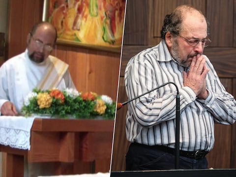 Ivo Poppe als diaken bij het altaar (links) en als beschuldigde in het hof van assisen in Brugge.