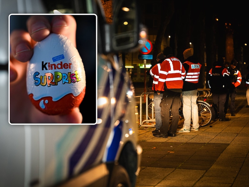 Enkele beelden ter illustratie van politieagenten en een Kinder Surprise-eitje.
