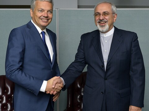 Minister van Buitenlandse Zaken Didier Reynders (L) met zijn Syrische evenknie Javad Zarif.
