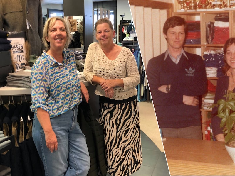 De zussen Ellen en Katia Wegman in de huidige winkel Benny Sport., De ouders bijna een halve eeuw geleden in hun eerste winkel.